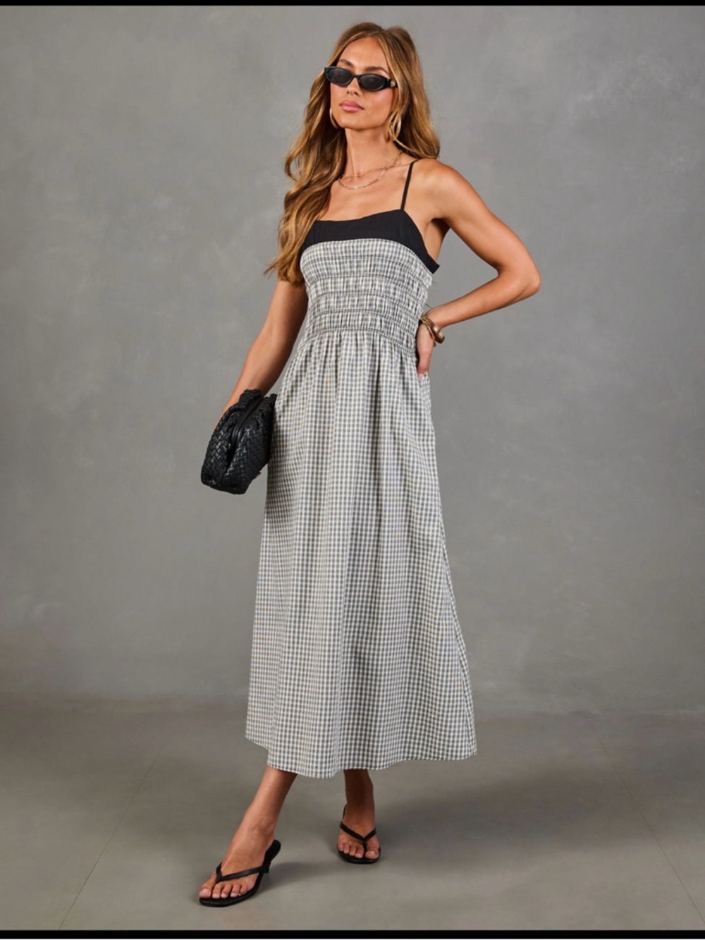 Smocked Gingham Maxi Dress with Black Trim